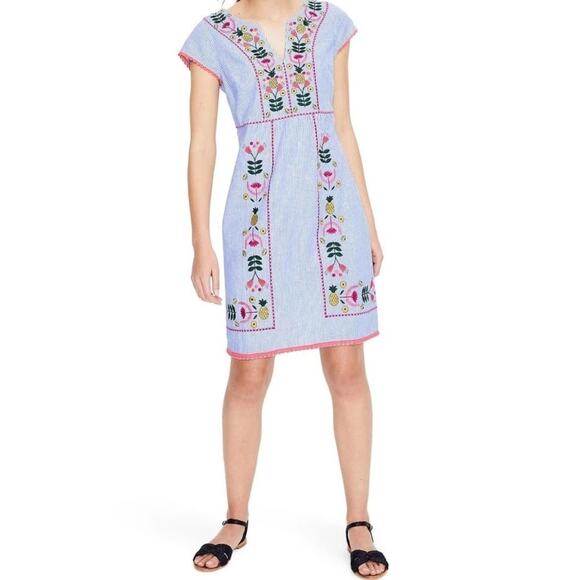Boden Dresses & Skirts - Boden Embroidered Striped Linen Bea Dress Knee Length Blue White Size 16L